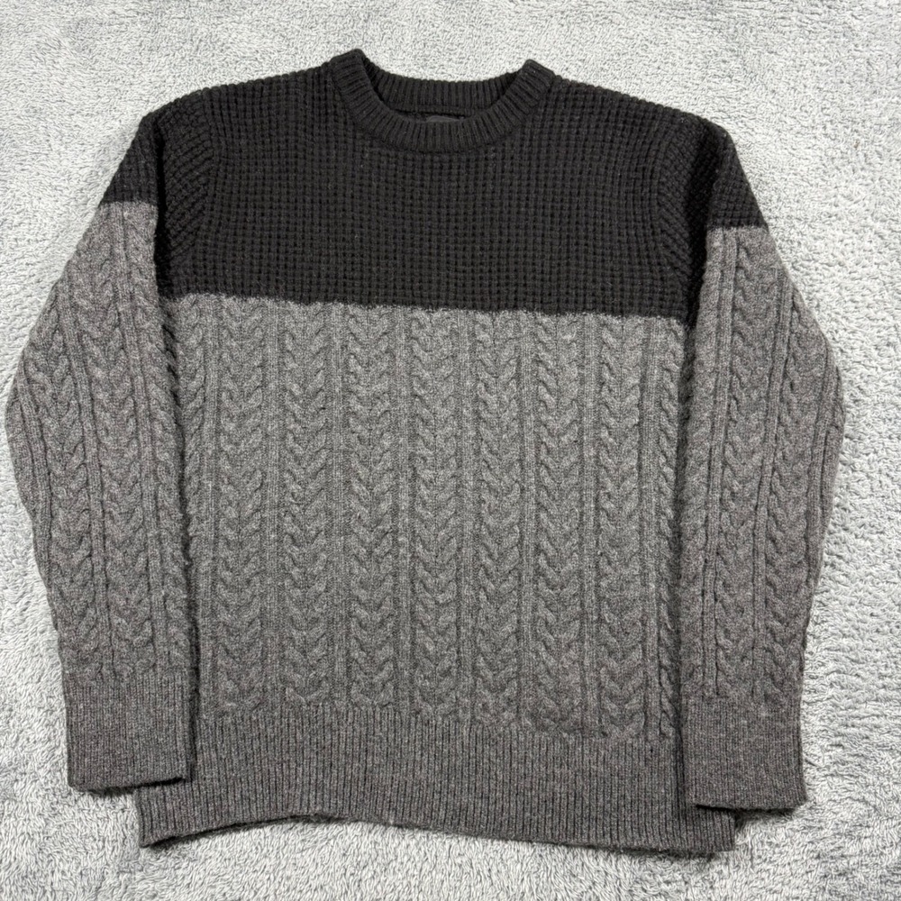 J.Crew Merino Wool Colorblock Cable Knit Sweater Fisherman Black Grey‎ Size L